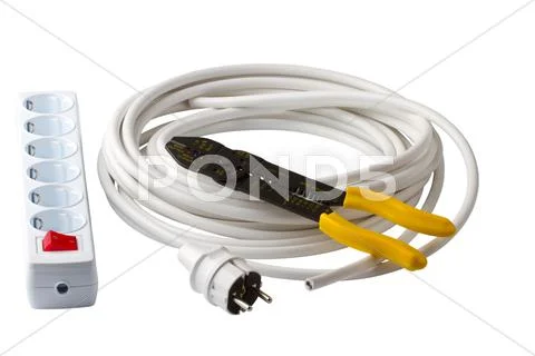 Electric cable, wire stripper, plug and socket Stock Photos
