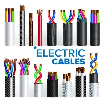 Electric Cables Set Vector. Copper Wire. Electrician Rubber Cord. Industrial Stock Illustration