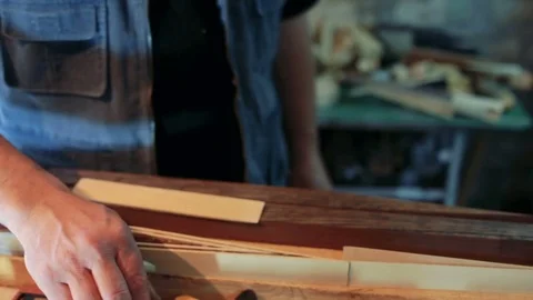 Electric caliper measuring the thickness of thin wood. Production of billiard cu Stock Footage 75950905