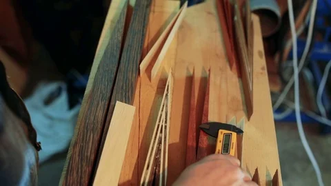 Electric caliper measuring the thickness of thin wood. Production of billiard cu Stock Footage 75950918