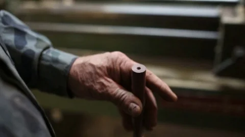 Electric caliper measuring the thickness of thin wood. Production of billiard cu Stock Footage 76444554