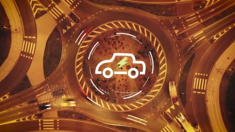 Electric car AI control system in a roundabout - 3D render - Top down Stock Footage 169078823