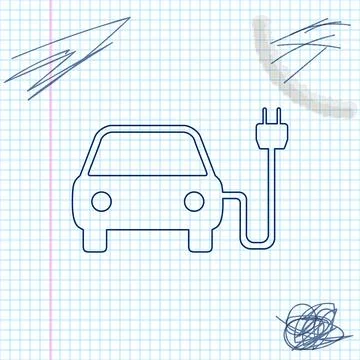 Electric car and electrical cable plug charging line sketch icon isolated on Stock Illustration