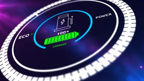 Electric car battery in active charging visionary dashboard . 3D rendering .. Stock Illustration