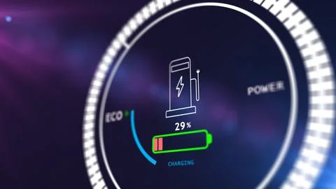 Electric car battery in active charging visionary dashboard . 3D rendering .. Stock Illustration
