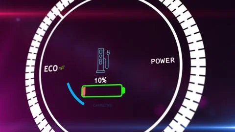 Electric car battery in active charging visionary dashboard. 3D rendering Illustrazione stock