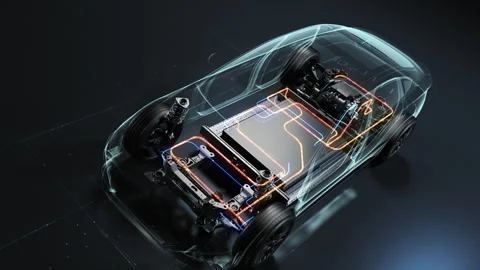 Electric car battery cooling system with circulating liquid thermal managemen Video stock 329289859