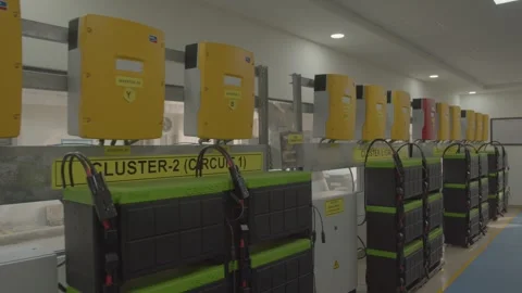Electric car charging battery clusters room Stock Footage 271237838
