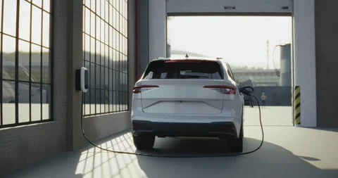 Electric car is charging inside an industrial garage Stock Footage 314091617