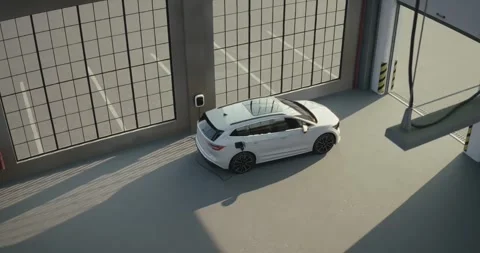 Electric car is charging inside an industrial garage Stock Footage 314091782
