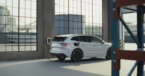 Electric car is charging inside an industrial garage Stock Footage 314256438