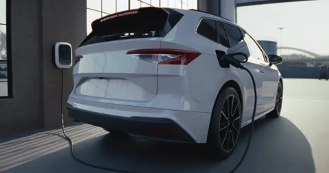 Electric car is charging inside an industrial garage Stock Footage 314271075