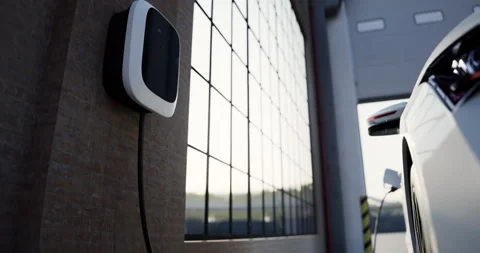 Electric car is charging inside an industrial garage Stock Footage 314966676