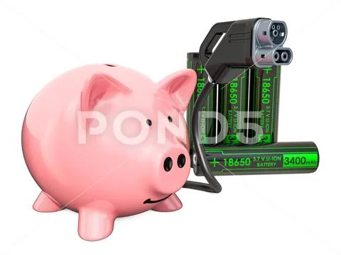 Electric car charging plug with piggy bank, 3D rendering Stock Illustration