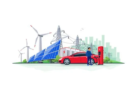 Electric Car Charging from Renewable Energy Battery Storage Power Grid System Stock Illustration