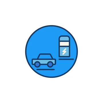 Electric Car at Charging Station vector round colored icon Stock Illustration
