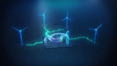 Electric Car Charging On The Wind Power Station. 3d Visualization Of Car Battery Stock Footage 202016994