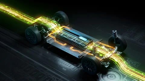 Electric car charging wirelessly from smart road surface Stock Footage 328521151