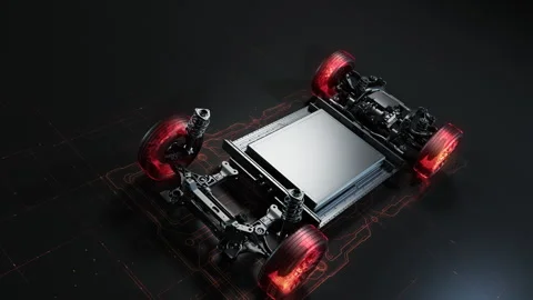Electric car chassis with glowing red brake discs and components. Stock-Footage 329289896
