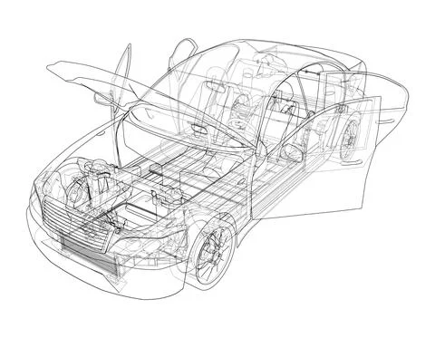 Electric Car With Chassis. Vector rendering of 3d Stock Illustration