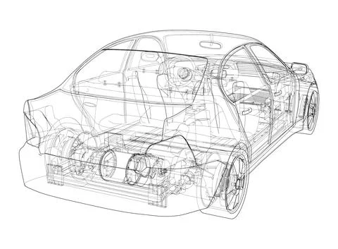 Electric Car With Chassis. Vector rendering of 3d Stock Illustration