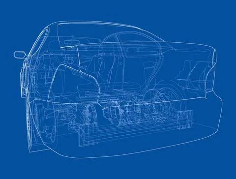 Electric Car With Chassis. Vector rendering of 3d Stock Illustration