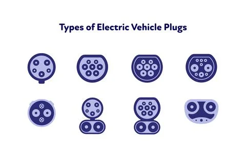 Electric car concept. Vector flat icon illustration. Set of blue color icons  Stock Illustration