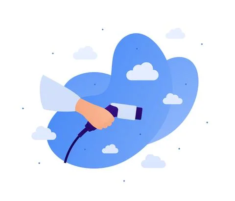 Electric car concept. Vector flat illustration. Human hand hold electro plug  Illustrazione stock