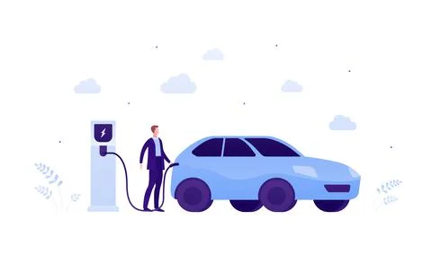 Electric car concept. Vector flat illustration. Male businessman in suit conn Stock Illustration