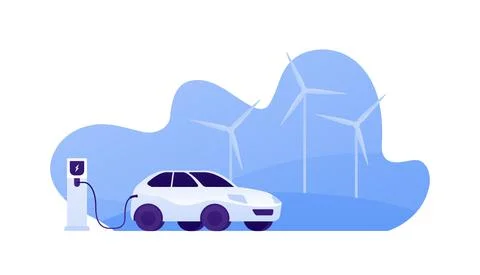 Electric car concept. Vector flat illustration. Vehicle connected by plug con Illustrazione stock
