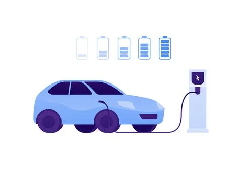 Electric car concept. Vector flat illustration. Vehicle connected by plug con Stock Illustration