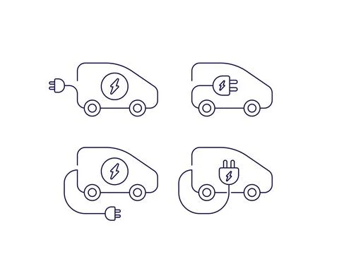 Electric car concept. Vector linear flat icon illustration. Set of vehicle wi Stock Illustration