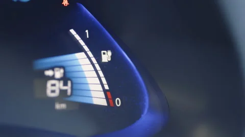 Electric car dashboard display closeup. Electric Car Concept. Battery indicator Stock Footage 196002177