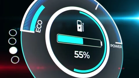Electric car dashboard display. Electric vehicle battery indicator. 4K Stock Footage 171594930