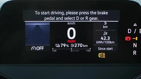 Electric car dashboard display shows service alert warning lights battery range Stock Footage 331536632