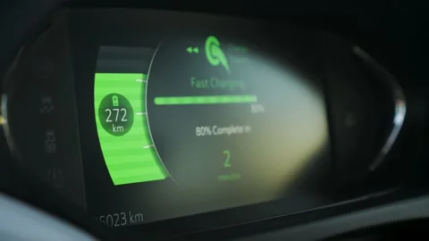 Electric car dashboard view during fast charging when parked at power charging Stock-Footage 154028239