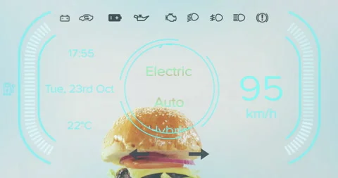 Electric car data overlay with burger and futuristic digital dashboard elements Stock Footage 305188458