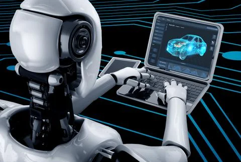 Electric car design software on computer screen show simulation blueprint snugly Stock Illustration