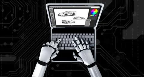Electric car design software on computer screen show simulation blueprint snugly Stock-Illustration