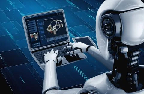 Electric car design software on computer screen show simulation blueprint snugly Illustrazione stock