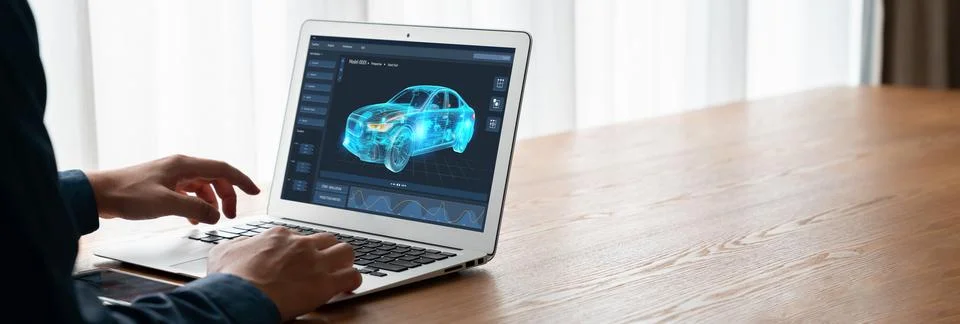 Electric car design software on computer screen show simulation blueprint snugly Stock Photos