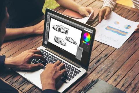 Electric car design software on computer screen show simulation blueprint snugly Stock Photos