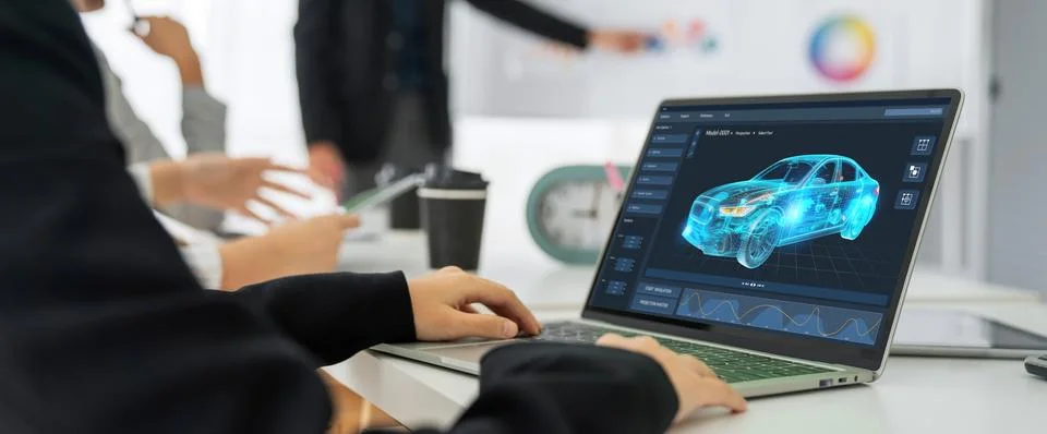 Electric car design software on computer screen show simulation blueprint snugly Stock Photos