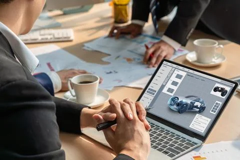 Electric car design software on computer screen show simulation blueprint snugly Stock-Fotos