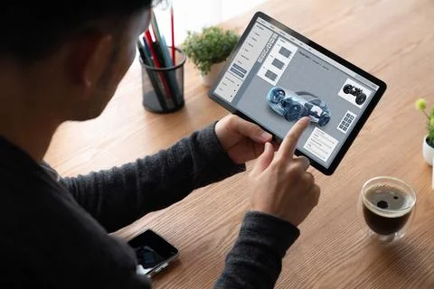 Electric car design software on computer screen show simulation blueprint snugly Stock Photos