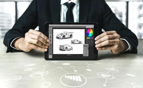 Electric car design software on computer screen show simulation blueprint snugly Stock Photos