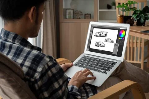 Electric car design software on computer screen show simulation blueprint snugly 写真素材