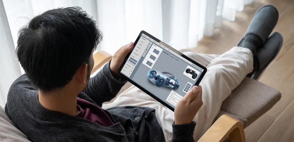 Electric car design software on computer screen show simulation blueprint snugly Stock Photos