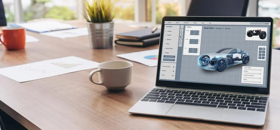 Electric car design software on computer screen show simulation blueprint snugly Foto stock
