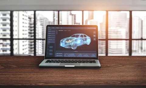 Electric car design software on computer screen show simulation blueprint snugly 스톡 사진